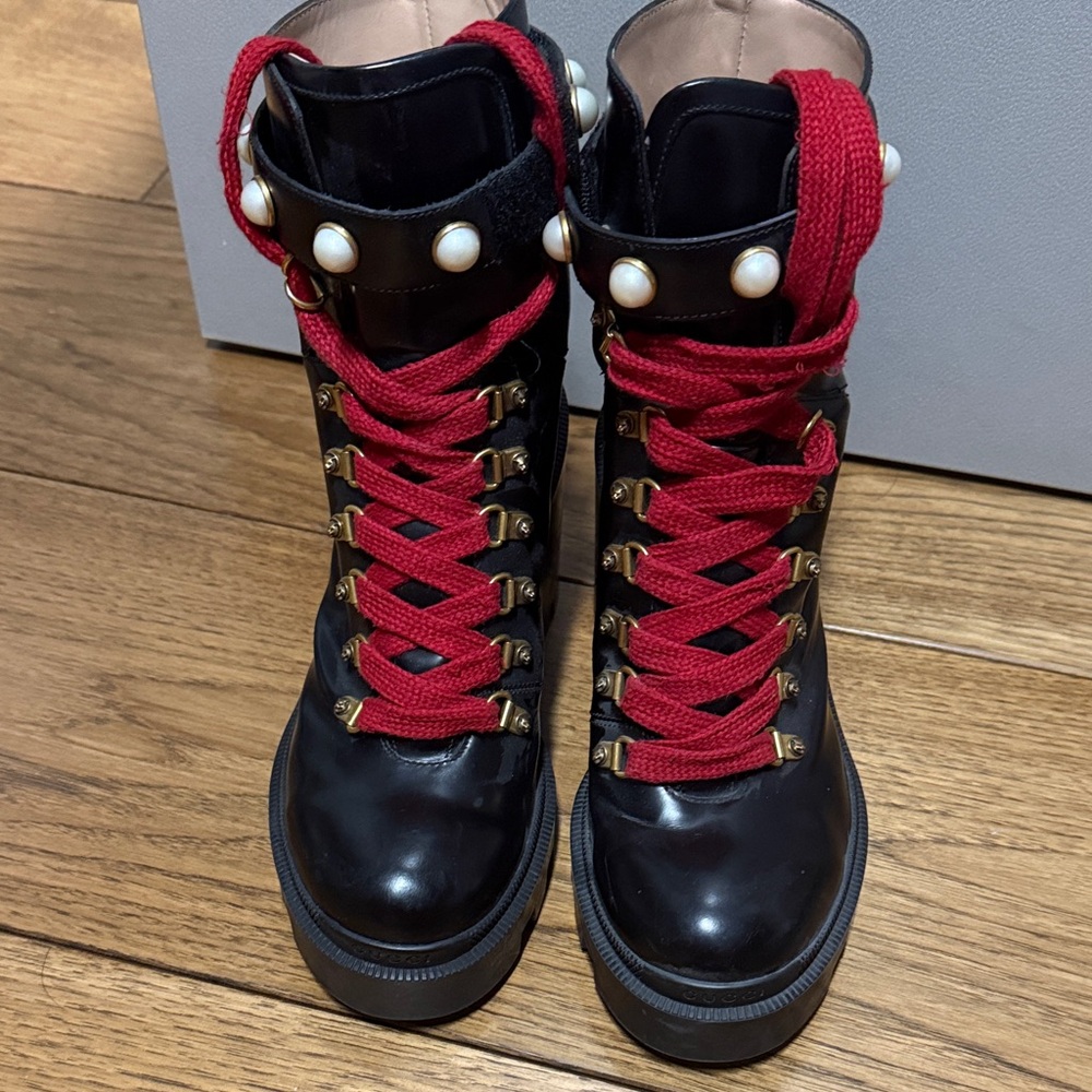 Gucci Black and Red Lace-Up Boots with Pearl Detail